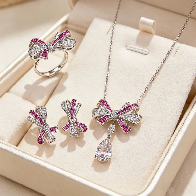 Europe America Style Ring Earrings Necklace Women Lady Inlay White Pink Square Cubic Zircon Bowknot Pendant Party Jewelry Sets