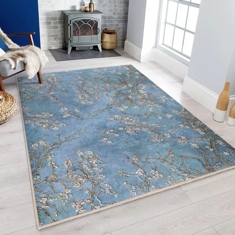 Vintage Impressionist Almond Blossom Area Rug Art Print NonSlip Floor Mat for Living Room Bedroom Aesthetic Decor