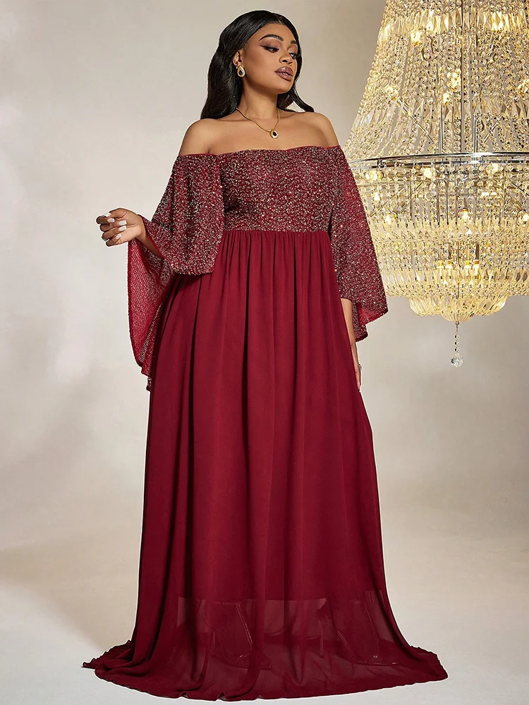 TOLEEN Women Plus Size Maxi Dresses Fashion Wine Red Sequin Chiffon Dress Bat Sleeve Line Neck Heavy Industry PROM Dress