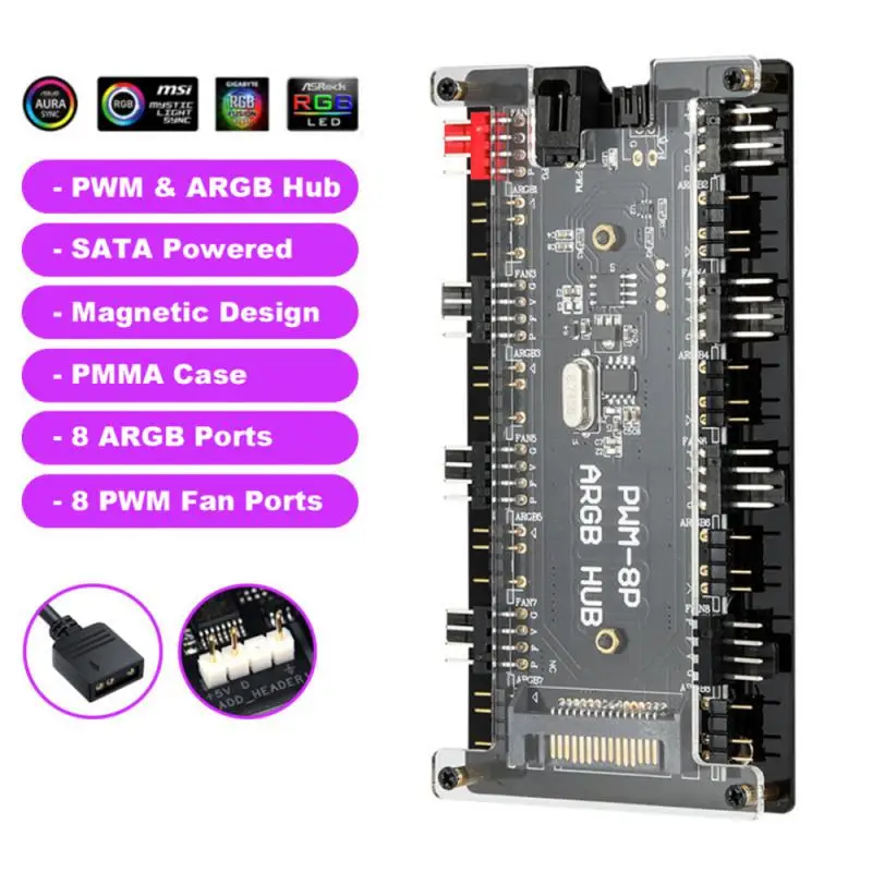 Fan Hub ARGB Controller 4Pin PWM Temperature Control 5V 3-Pin Synchronization Wireless Remote Control Chassis Fan Hub