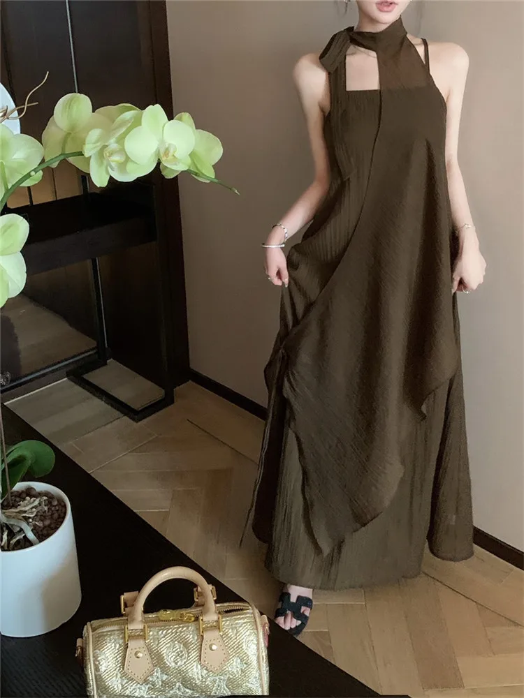 

Summer Holiday Black Grey Long Dress Sets 2 Pieces Halter Irregular Vest Top&Loose Long Slip Skirt Seaside Beach Photo Dress