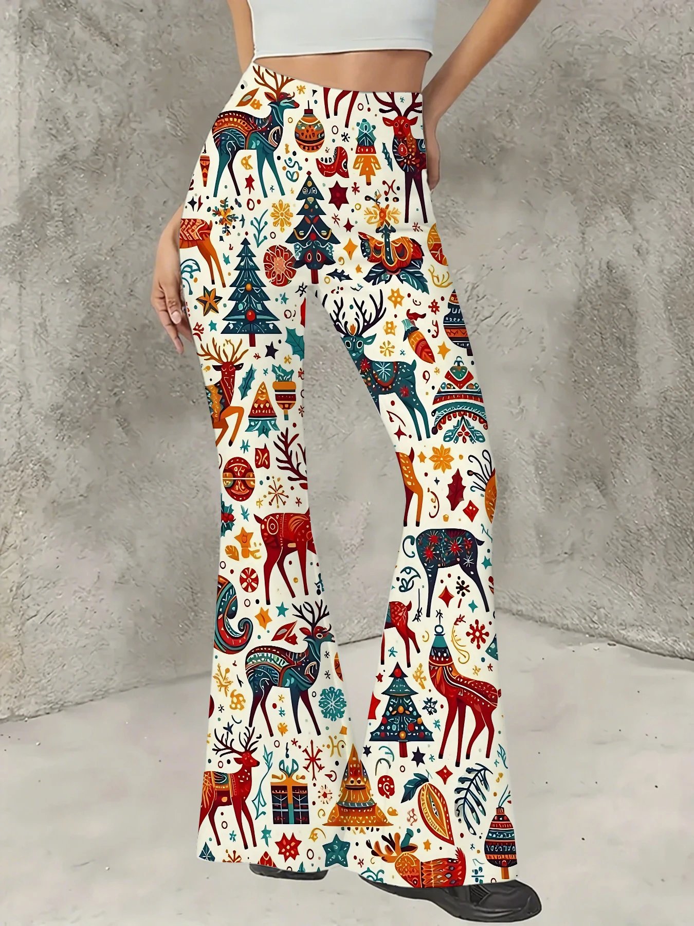 

Plus Size All-Over Print Flare Pants Women Stretchy High Waist Bell Bottom