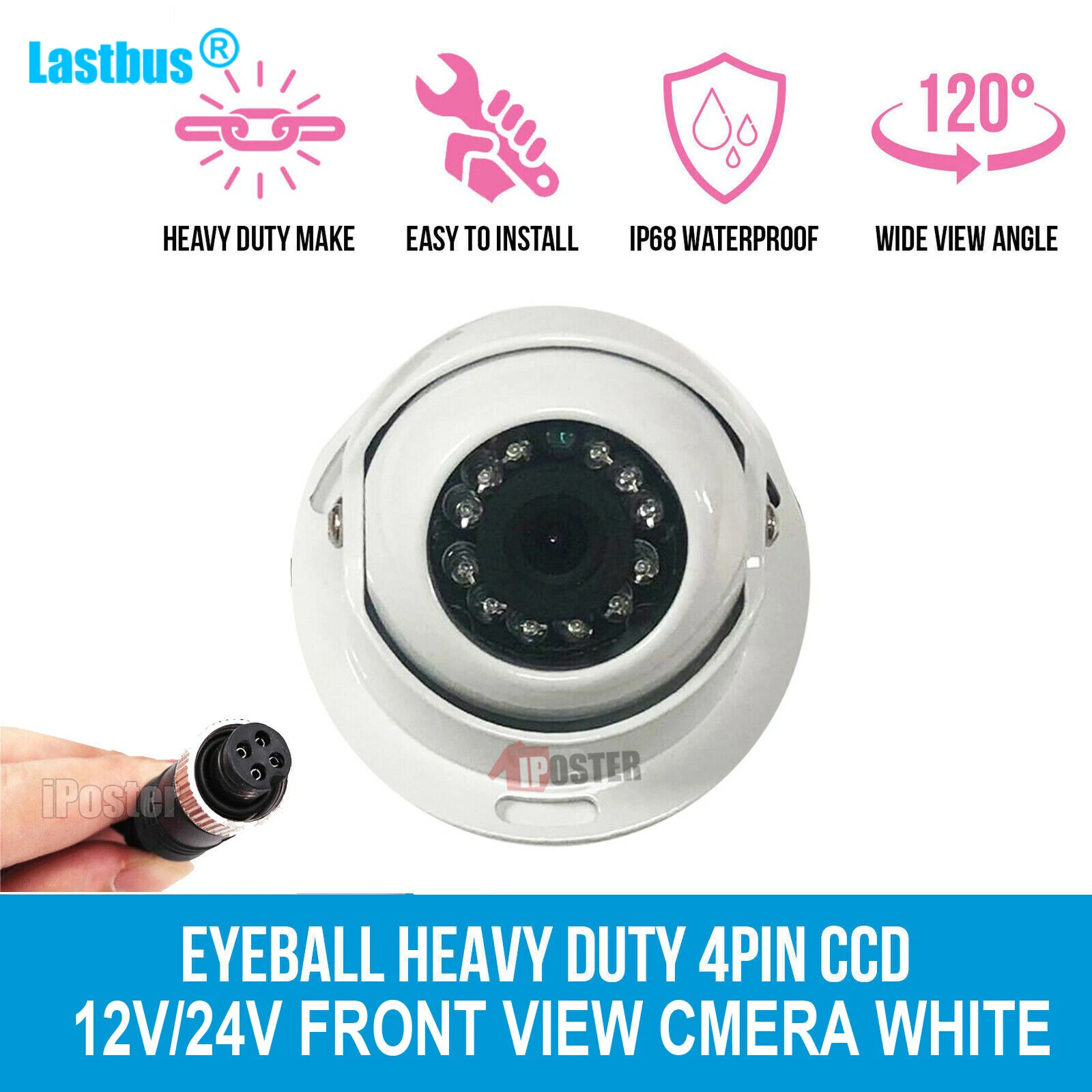 

Lastbus White 12-24V 4Pin Heavy Duty CCD Reversing Camera 12Pcs IR LEDs Night Vision Waterproof For Truck Bus Motorhome Trailer