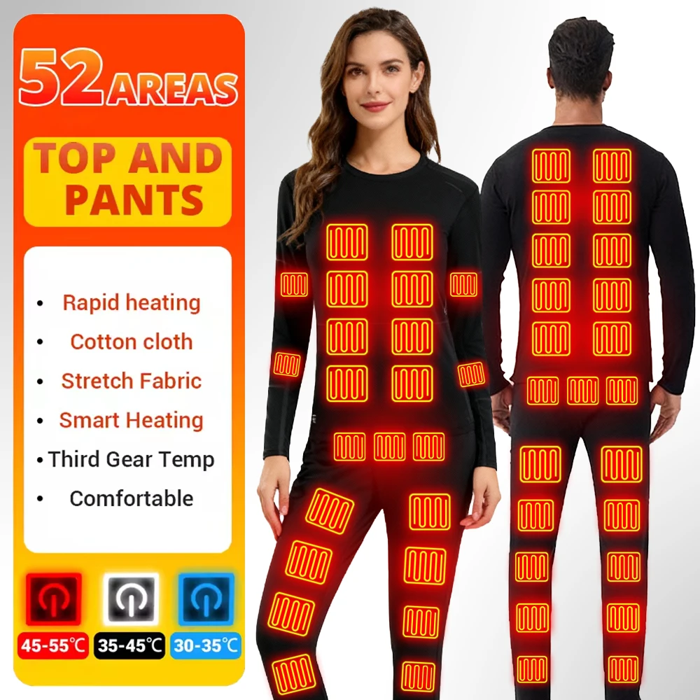 

Women's Ski Self Heating Underwear Men Winter USB Electric Heated Thermal Underwear 52 Areas Heated Underwear for Fishing Hiking