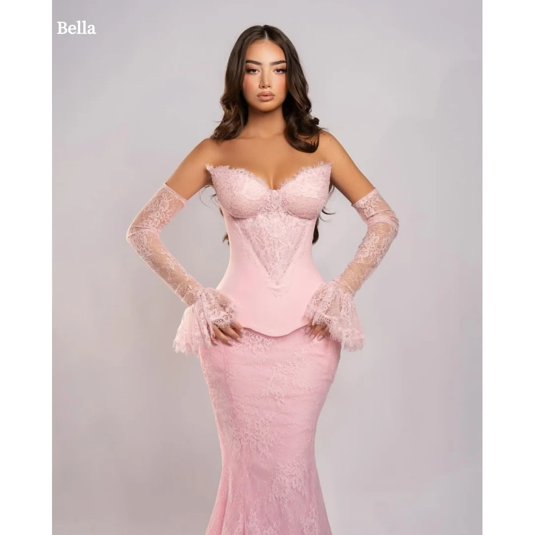 

Bella Customized Pink Sleeves Lace Mermaid robes de soirée Strapless Backless Sleeveless Party Dresses Floor-Length Prom Dress
