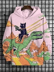 Sudadera con capucha de gato y dinosaurio en 3D para hombre, jersey de manga larga con estampado 3D, ropa de calle de moda, poliéster con capucha, informal para exteriores, diario