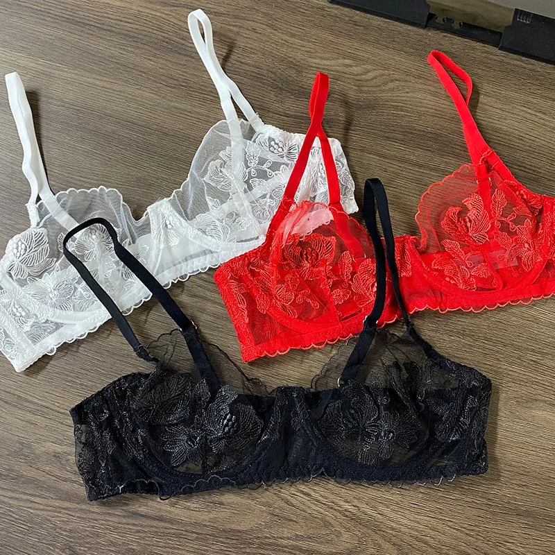 Bra female senior embroidery flower craft underwear sexy thin cup lingerie set large breasts show small gathered bras