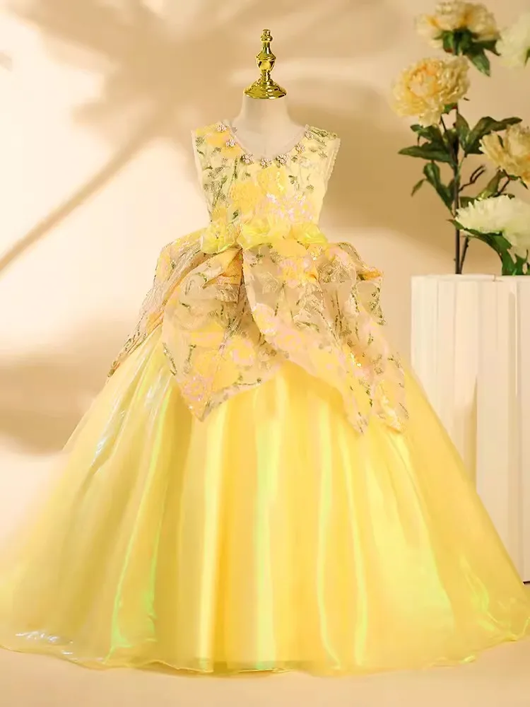 Elegant Yellow Flower Girl Dresses With Cape Sequined Puffy Long Children Wedding Party Dress Birthday Occasion Gown Pageant