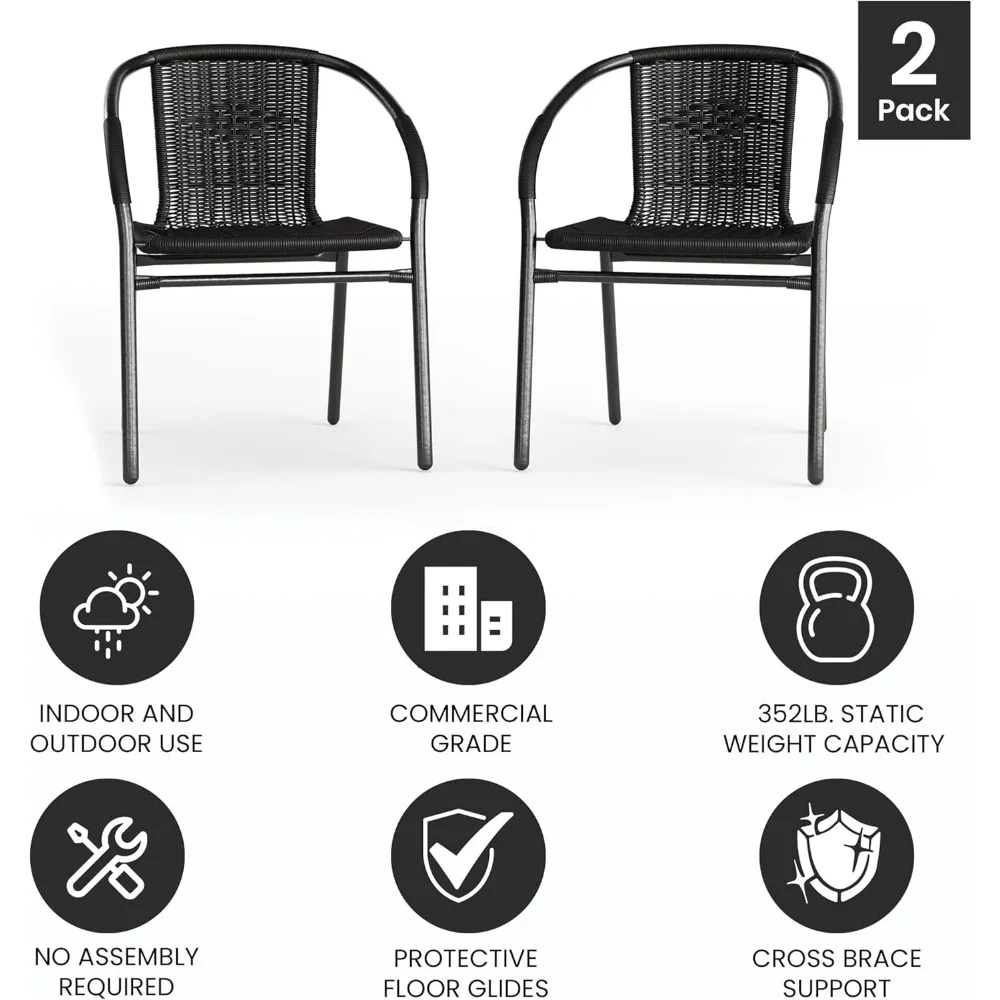 2 Pack Black Rattan Indoor-Outdoor Restaurant Stack Chair with Curved Back