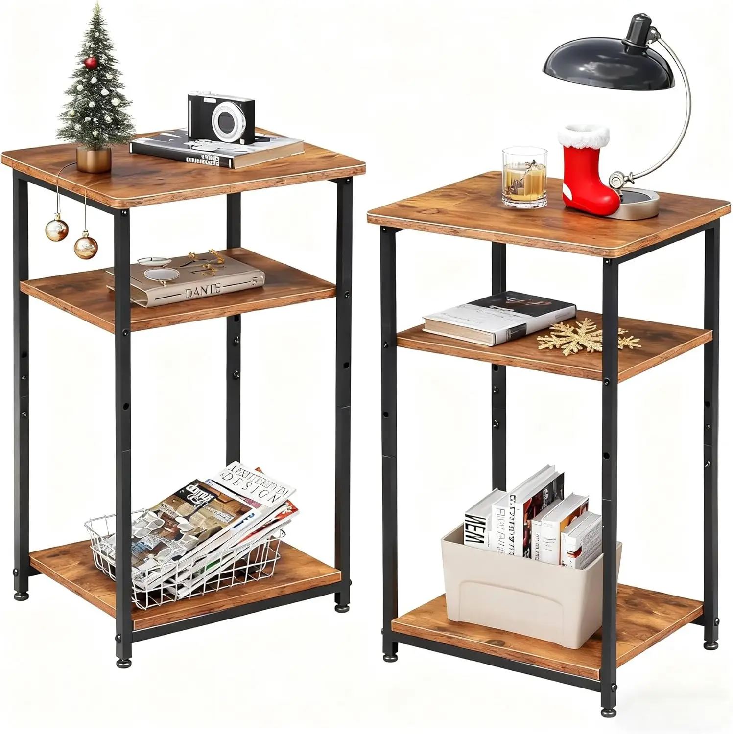 

End Tables Living Room Set of 2, Small End Table for Two, Narrow Side Table for Bedroom, Home Office, Small Spaces, 3-Tier