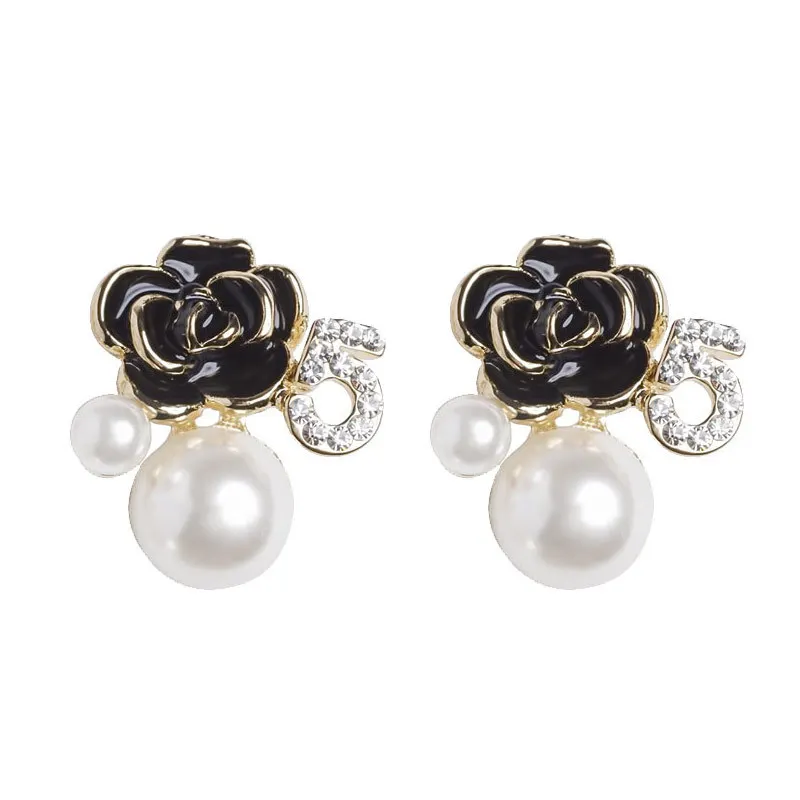 Camellia Flower Earrings korean Black Asymmetric Black Rose Pearl Earrings with number 5 and rhinestone Earrings