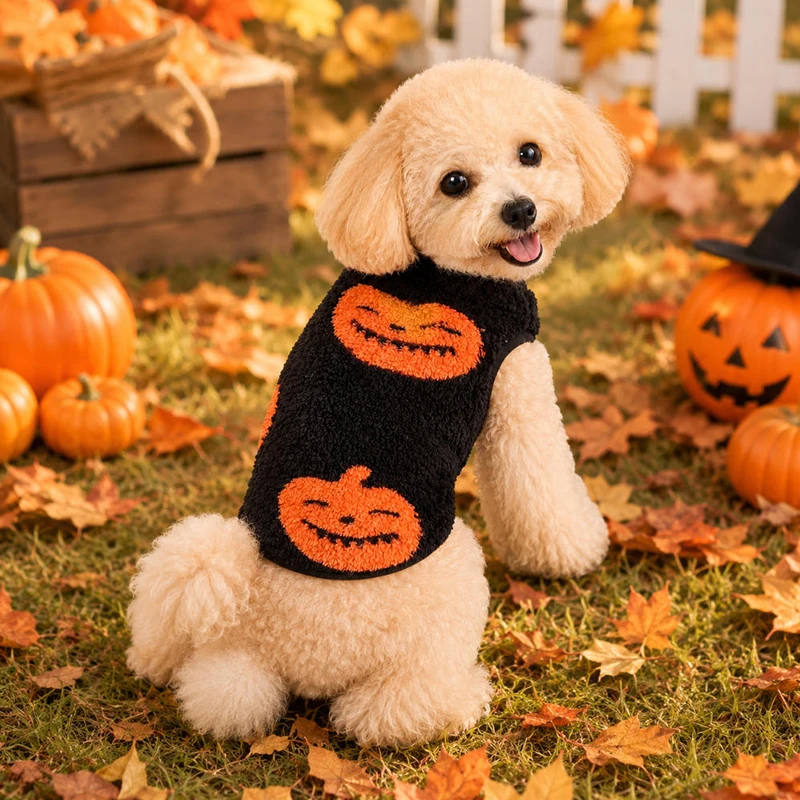 Halloween Pet Vest for Dogs and Cats, Soft Fleece Pumpkin Costume, Warm Sleeveless Puppy Kitten Outfit for Autumn Party Cosplay