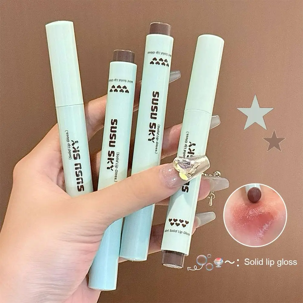 Brillo de labios sólido en barra, 4 colores, brillo de vidrio no pegajoso, bálsamo labial, agua hidratante, lápiz labial ligero, tinte, maquillaje de aspecto Natural