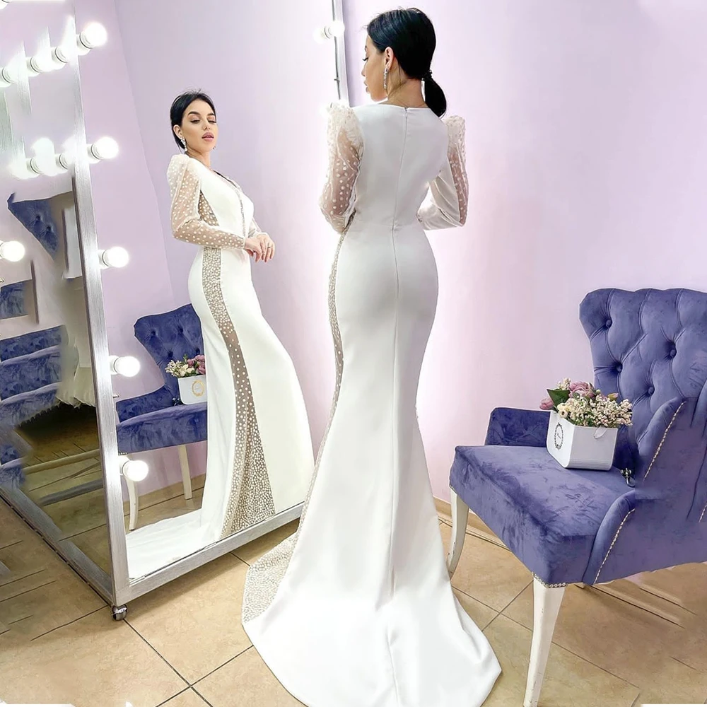 Sexy Mermaid Wedding Dress Dot Tulle Satin Long Sleeve V Neck Sweep Train Bridal Gown For Bride Side Illusion Robe De Mariee