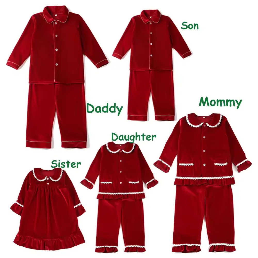 Pijamas a juego con volantes de terciopelo para la familia, conjunto de pijamas navideños para niños y hermanos, ropa para bebés, conjuntos de pijamas de vestido rojo para niños y niñas