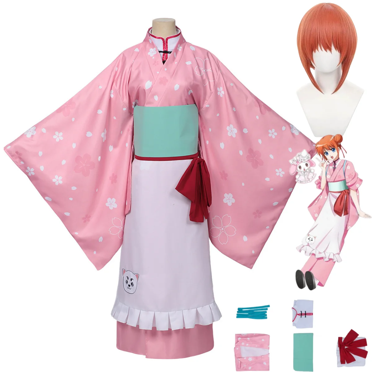 

Anime Gintama Kagura Leader Cosplay Costume Pink Cherry Blossom Japanese-Style Kimono Wig Woman Sexy Traditional Festival Suit