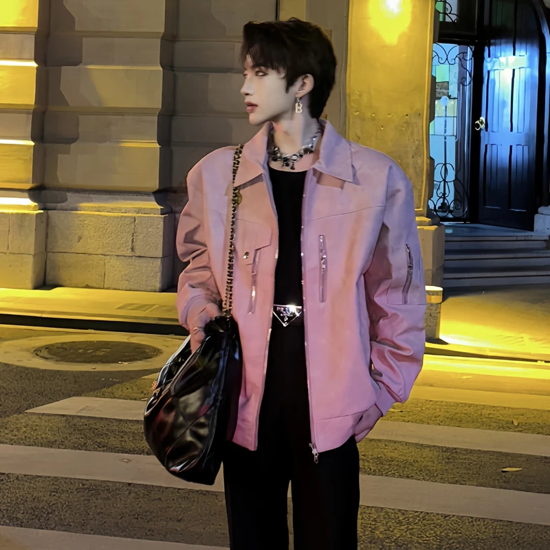 

Cleanfit Pink oulder Pad Leather Jaet Men's Sli ort Motorcycle Pilot Jaet American Sle Youth Casual Outerwear