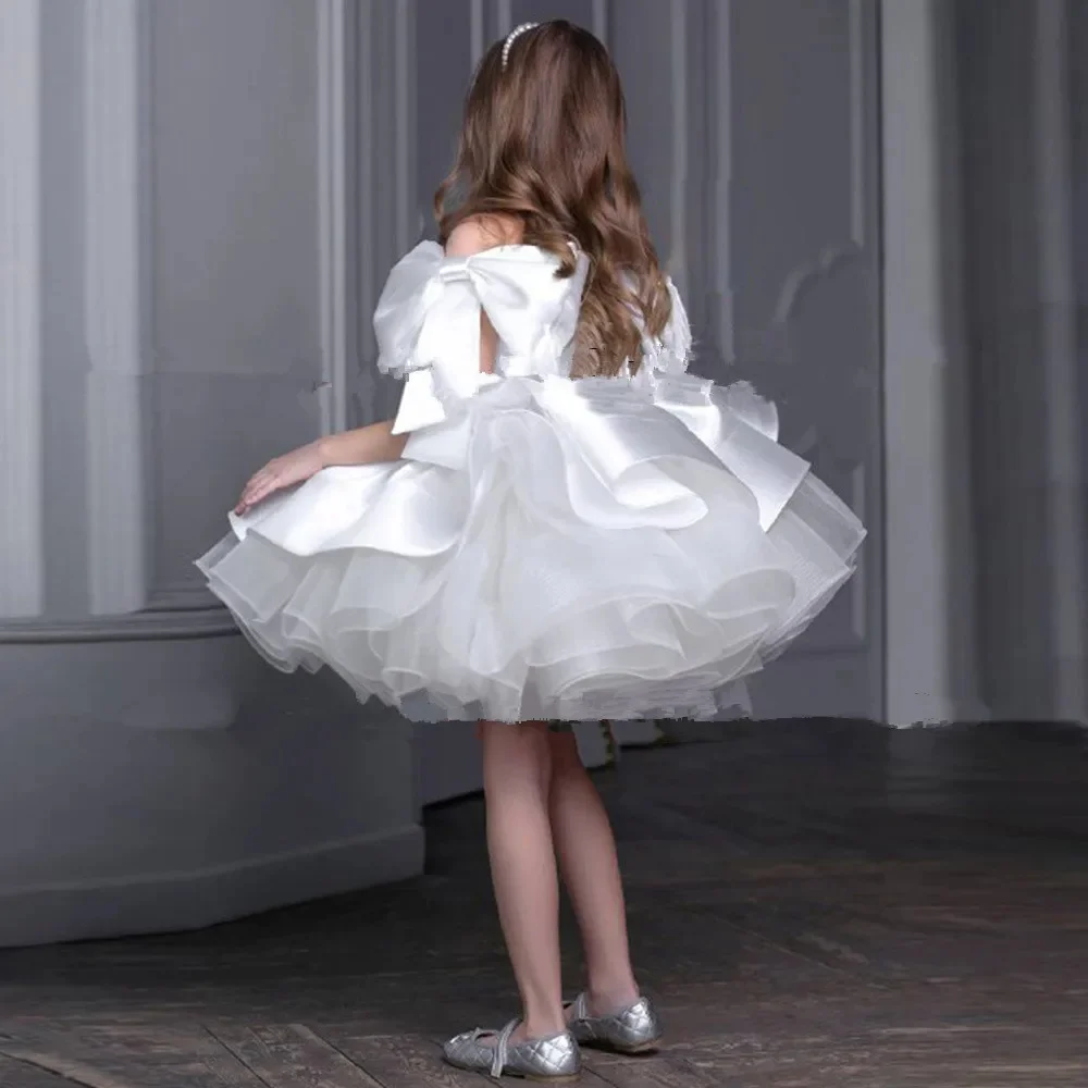 

White Satin Customized Flower Girl Dresses For Wedding Sleeveless Mini Lenght Kids Birthday Prom Party Holy Communion Gowns