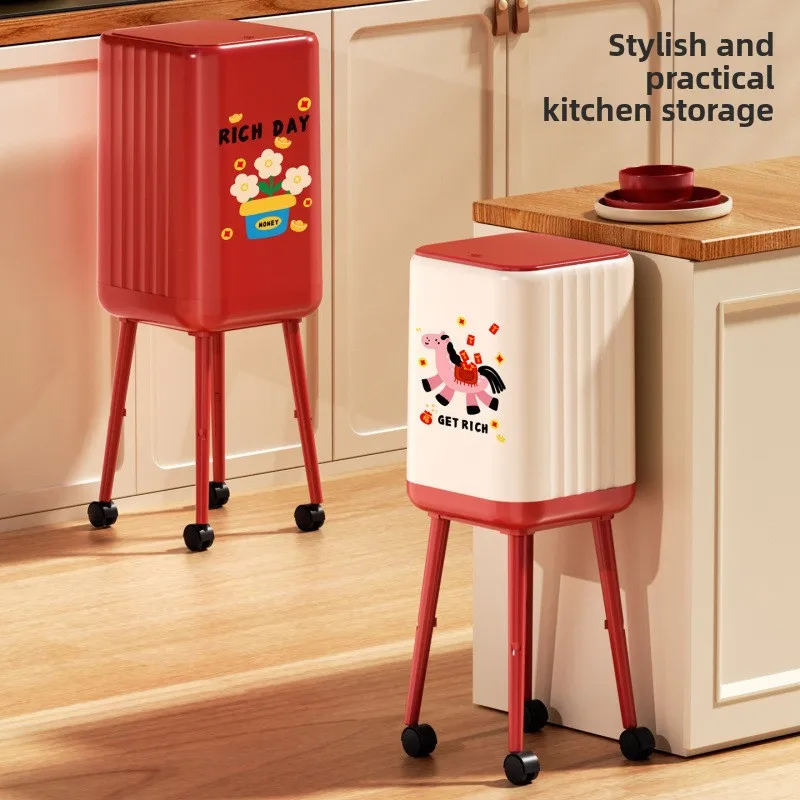 High-Height Wheel-equipped Sealed Odor-proof Kitchen Living Room Large Capacity No-Bend Trash Can Attractive Appearance