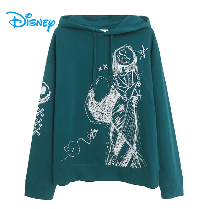 Disney Jack Skellington Sally Embroidery Graffiti Hooded Sweatshirt Women Fleece Hoodies Pullover Tops Cartoon Casual Jumper