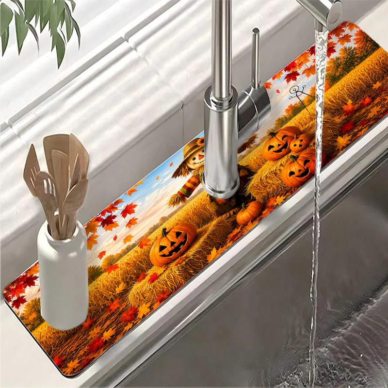 VIKAMA Autumn Scarecrow Pumpkin Printed Faucet Mat Kitchen Water Absorbent Anti Slip Mat Festival Atmosphere Mat Home Decoration