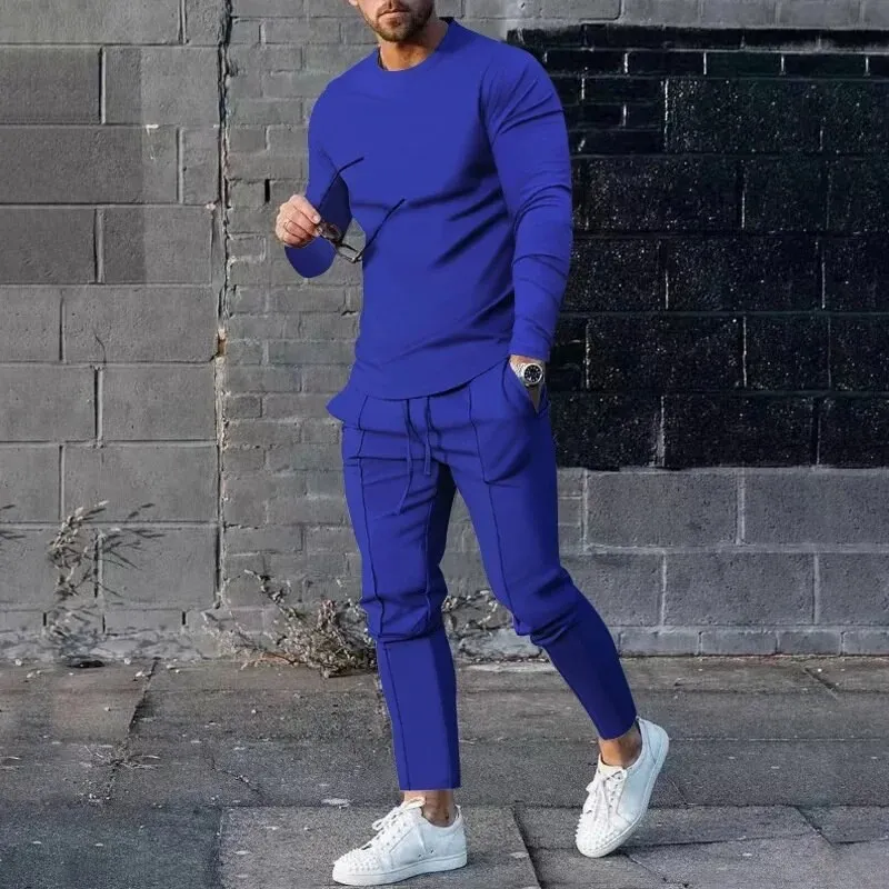 Traje de Color liso para hombre, camiseta de manga larga, pantalones largos, conjunto de 2 piezas, chándal informal, ropa de calle para hombre, sudadera de gran tamaño