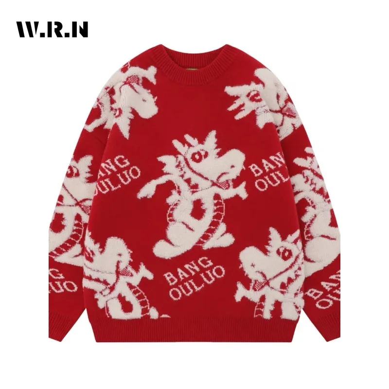 

Women's Vintage Casual Knitting Long Sleeve Print Pullovers 2023 Autumn Winter Fashion Round Neck Ladies Red Sweater Top