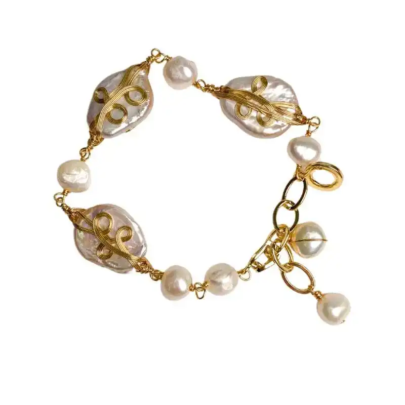 French light luxury celebrity style pure hand-wound Baroque freshwater pearl bracelet necklace set 14K gold-plated engagement