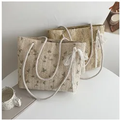 Bolso de mano tejido a la moda para mujer, bolsa de playa portátil, bolso de paja bordado con flores de encaje, bolso de hombro de diseñador de lujo