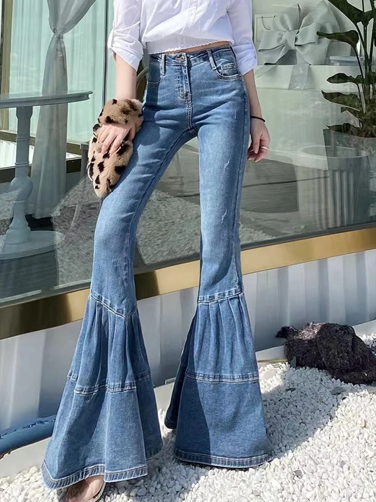 Women Spring Denim Flared Pants High Waist Bell Bottom Boyfriend Plus Size XJ793