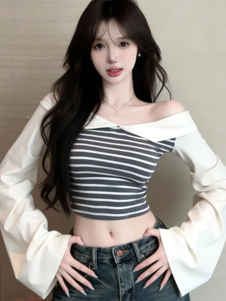 

Sweet And Spicy Striped Splice Long Sleeve Shirt Women's Spring Summer New Style Slim Fit Shoulder Bared Short Top Citywalk P...