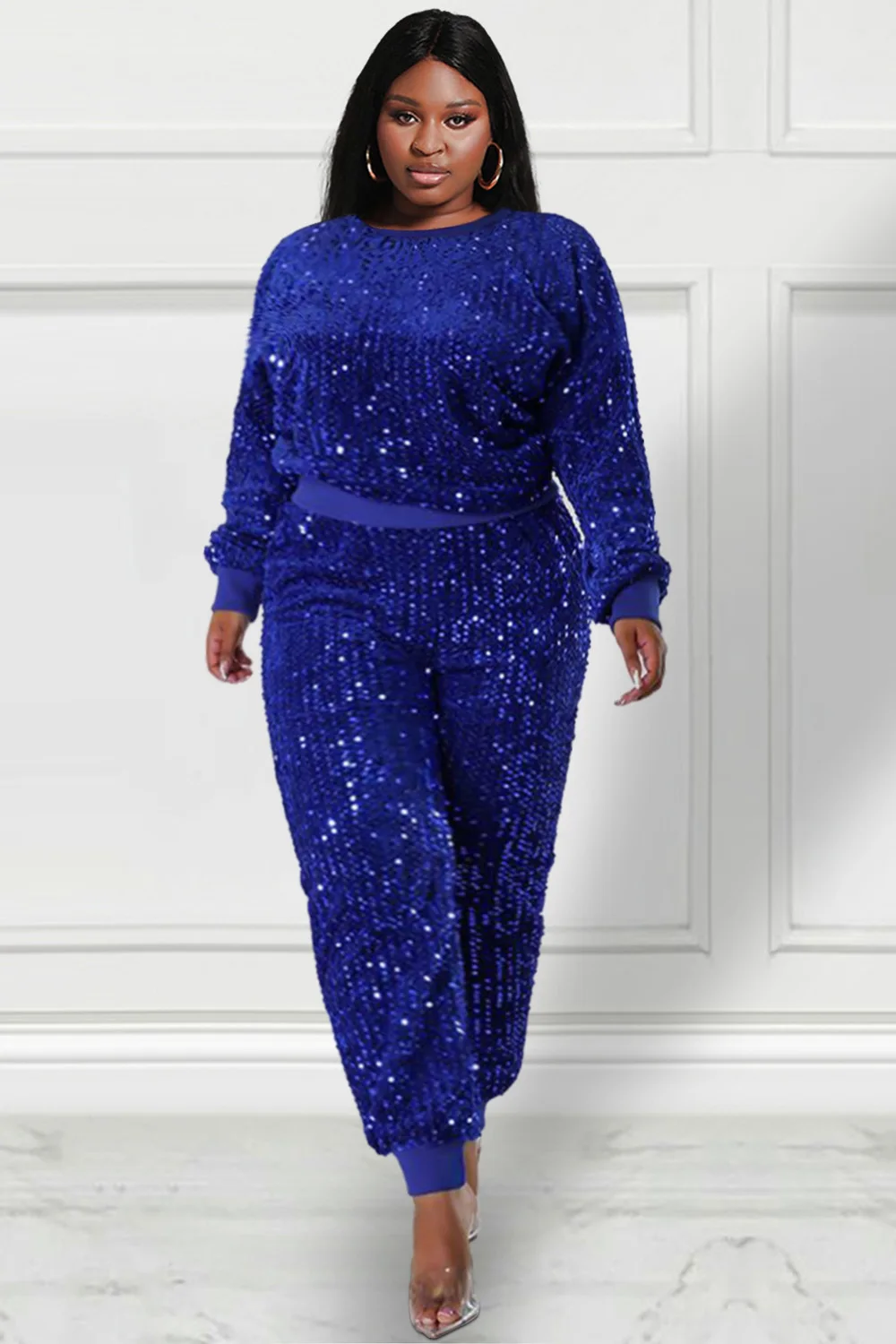 Plus Size Party Pant Sets Sporty Royal Blue Long Fall Winter Crew Neck Long Sleeve Sequin Two Piece Pant Sets