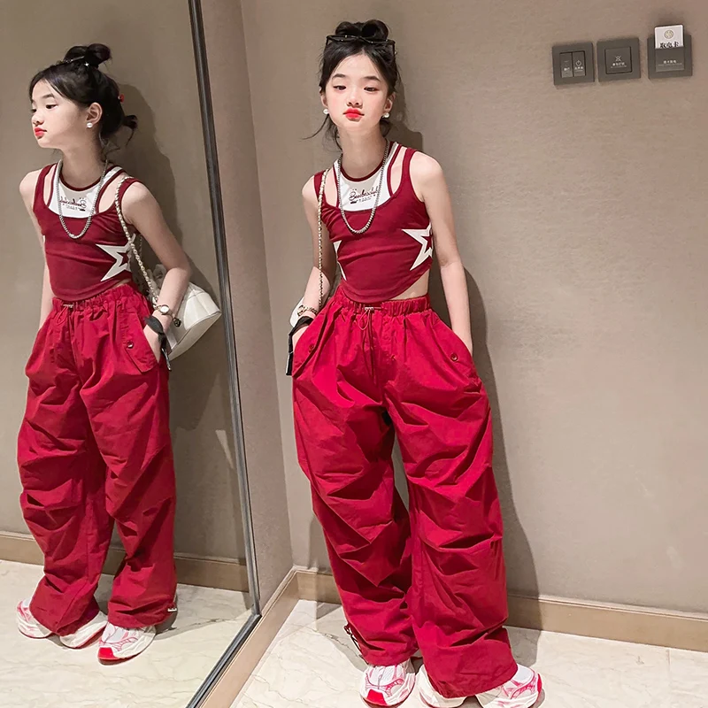 

Teenage Girls Casual Wear Star Vest Tops + Wide Leg Cargo Pants Suits Hip Hop Kids Sweatpants Pockets Joggers Trousers Tracksuit