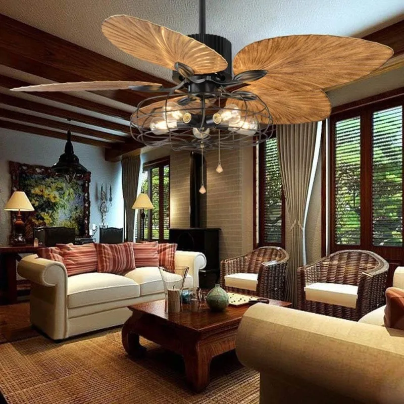 52Inch Tropical Fan Light Industrial Cage Ceiling Fan with Light Lights Remote Control Indoor Chandelier Fan Light Black Finish