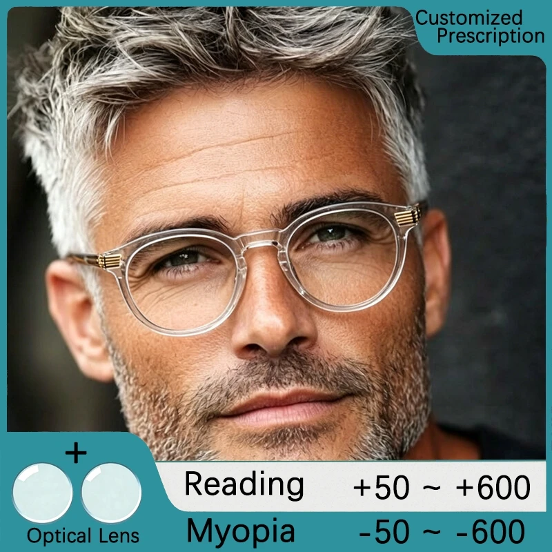 Transparente Herrenbrille, verschreibungspflichtige Brille, optische Lesebrille, rund, Blaulichtfilter, Computerbrille mit Minus-Dioptrien, Myopie-Brille