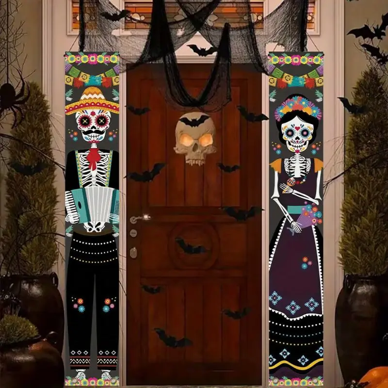 VIKAMA Outdoor Front Porch Decor Sign Dia De Los Muertos Vertical Banner Skeleton Bride Groom Colorful Flower Halloween Decor