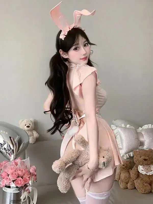 Sexy puro deseo estilo encaje transparente uniforme de sirvienta caliente chica conejito vestido elegante rosa dulce Mini vestido dulce Tops QPH8