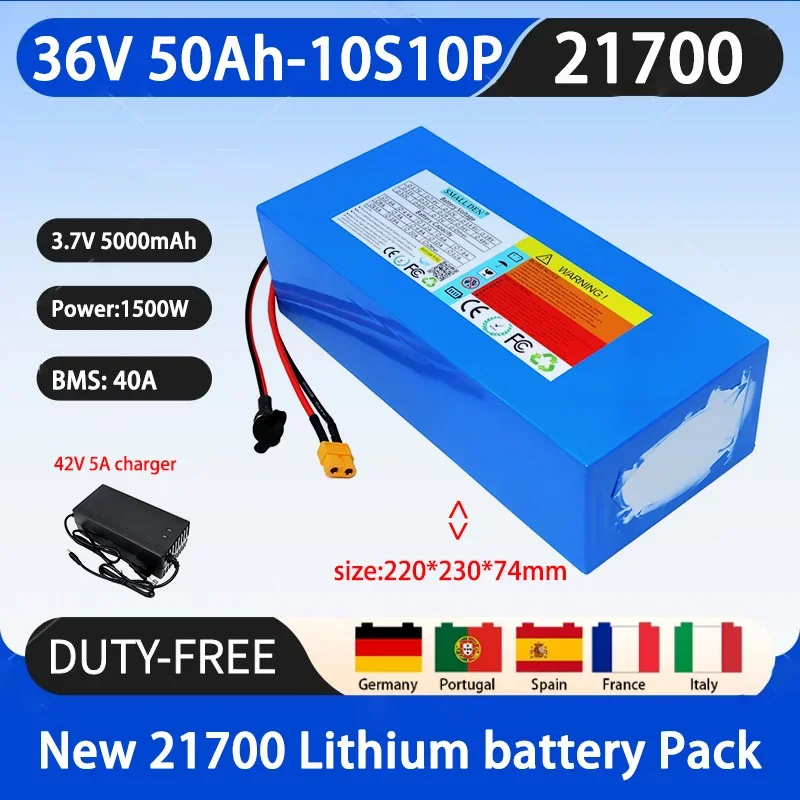 New 36V 50Ah 21700 10S10P A-grade lithium battery with 40A BMS 1500W, suitable for outdoor energy storage rechargeable batteries