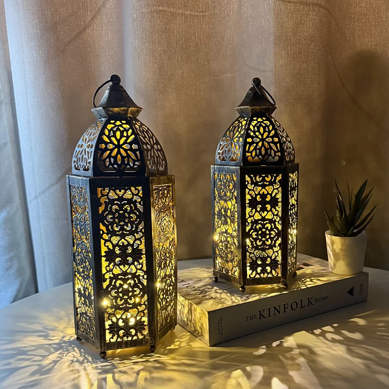 1pc Hollow Wind Lamp Vintage Moroccan LED Night Light Lantern for Middle East Eid Mubarak Ramadan Kareem Party Table Decoration