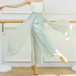 Chinese Folk Dance Classical Dancing Pants Women Loose split Wide Leg Trouser 2 Layers Fairy Body Rhyme Dancewear Side Split