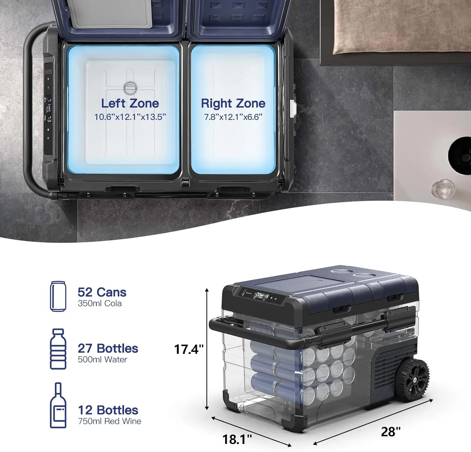 Frigorifero per auto da 12 Volt, frigorifero per auto da 37 litri (35 L), frigorifero portatile a doppia zona, controllo APP, da -4 a 68 ℉   Frigorifero per camper
