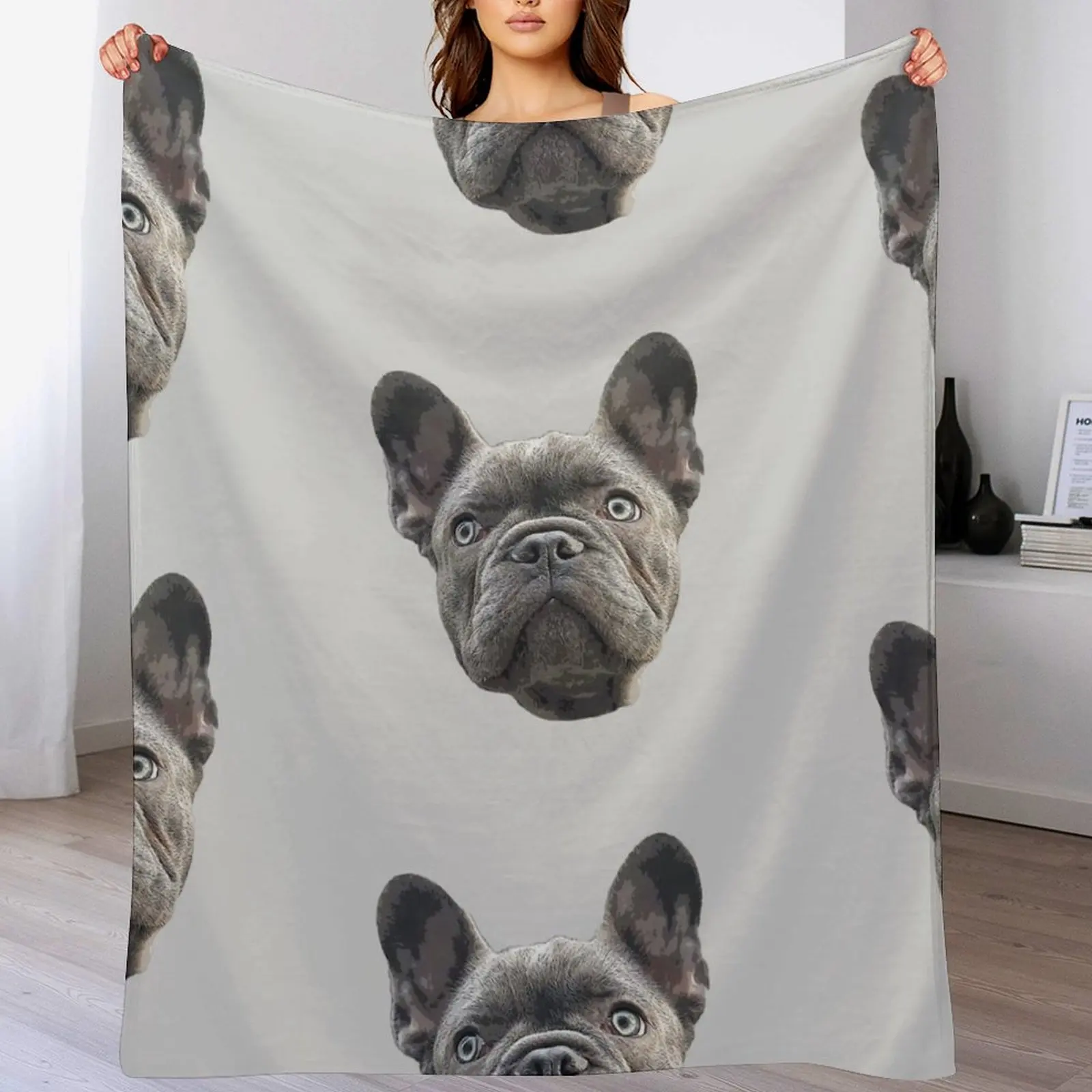 שמיכת זריקה לכלב בולדוג צרפתי כחול עם פרווה יחידה מקושטת לספות