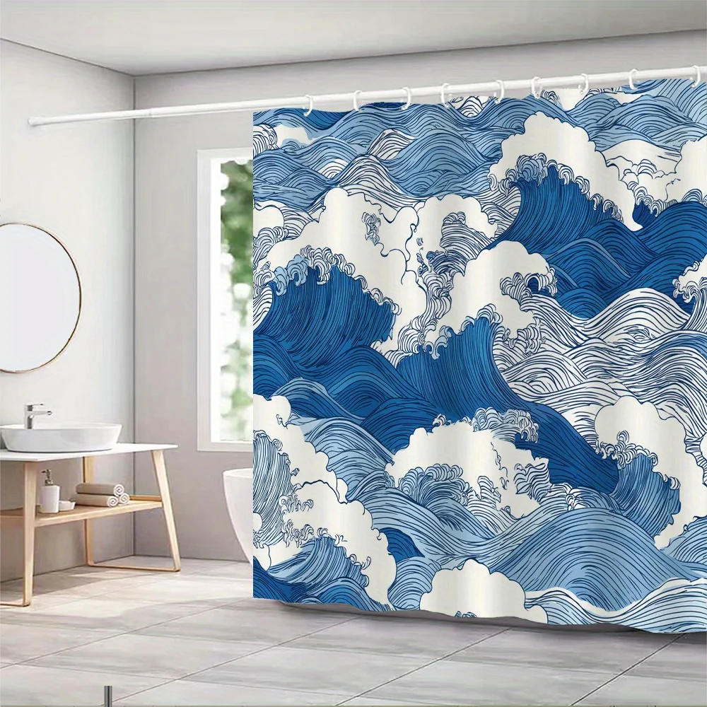 

Крючки для душевых занавесок Wave, темно-синие, среднего синего, светло-синего и белого цветов, с многослойной иллюстрацией, смелыми контурами и различной толщиной.