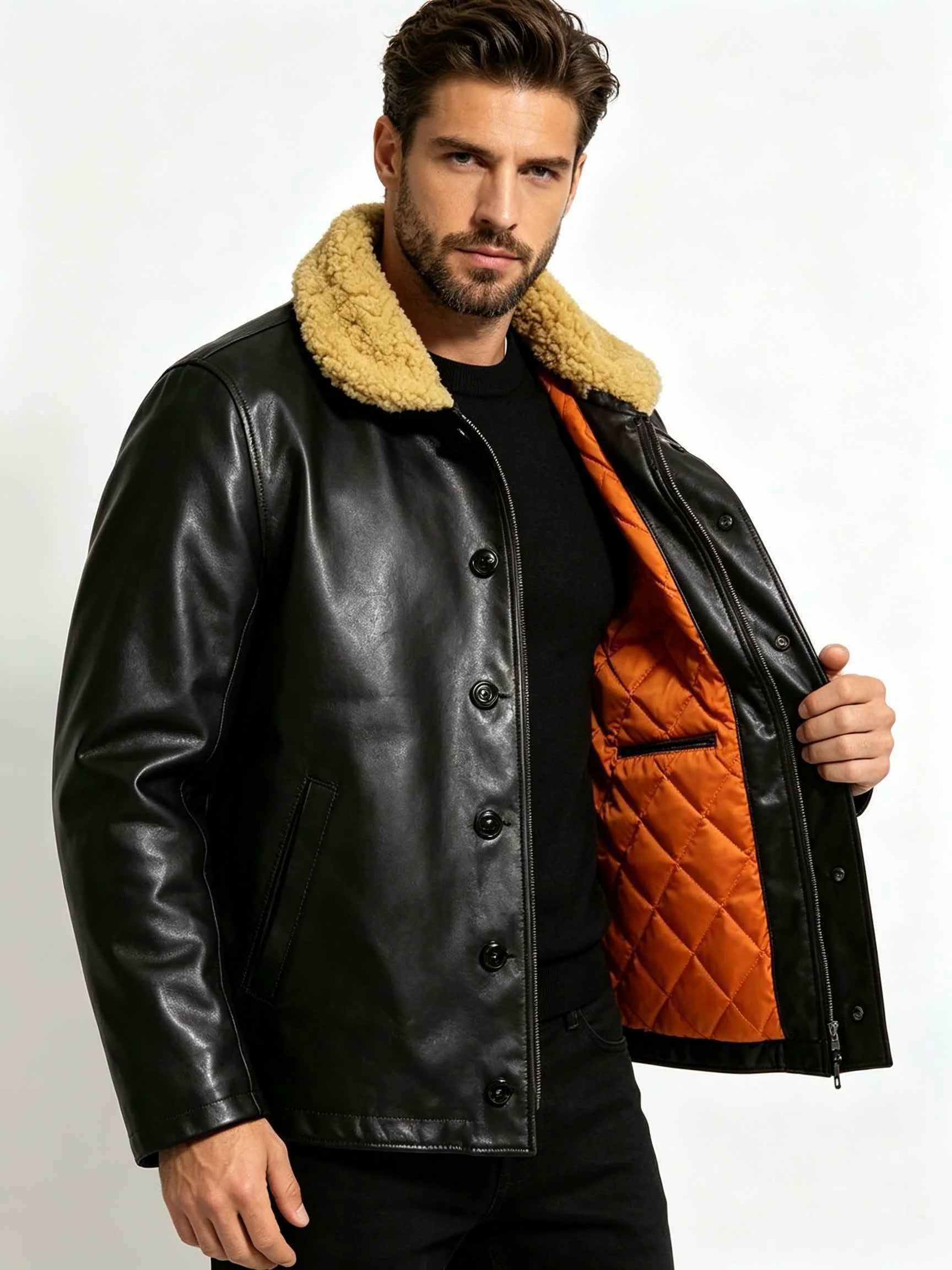 Black Black Winter Leather Jacket Men Retro Style Plus Size 3XL Genuine Natural Cowhide Wool Collar Single Breasted Deck N1 Navy Coat - Aliexpress Deal