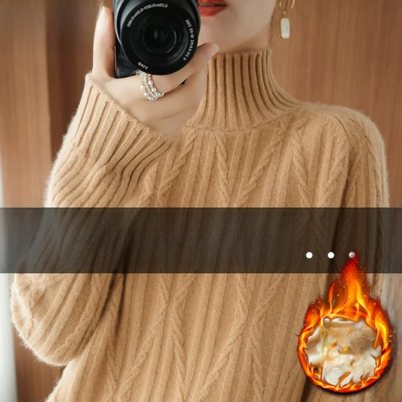 

Thiened f High Collar Women's Sweater Faionable Boting irt Korean Sle Warmth Emitting Long Sve Regular Fit