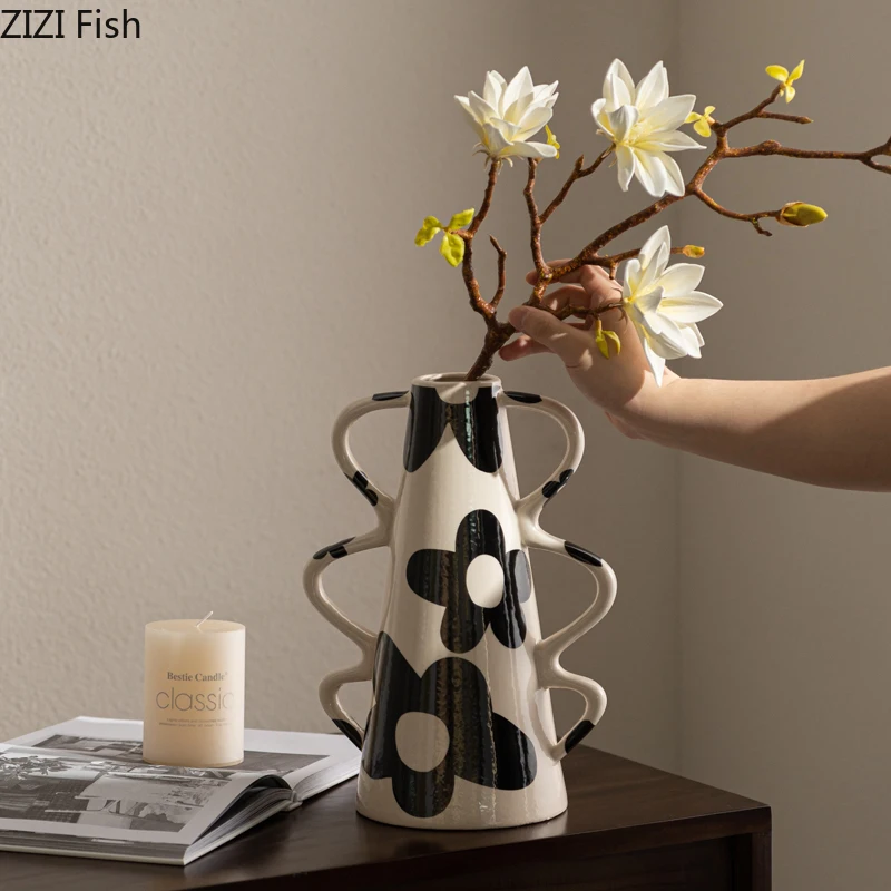 

Painted Ceramic Vase Double Ear Hydroponic Vases Home Decoration Ornaments Flower Arrangement Dried Flower Vase Flowers Vessels