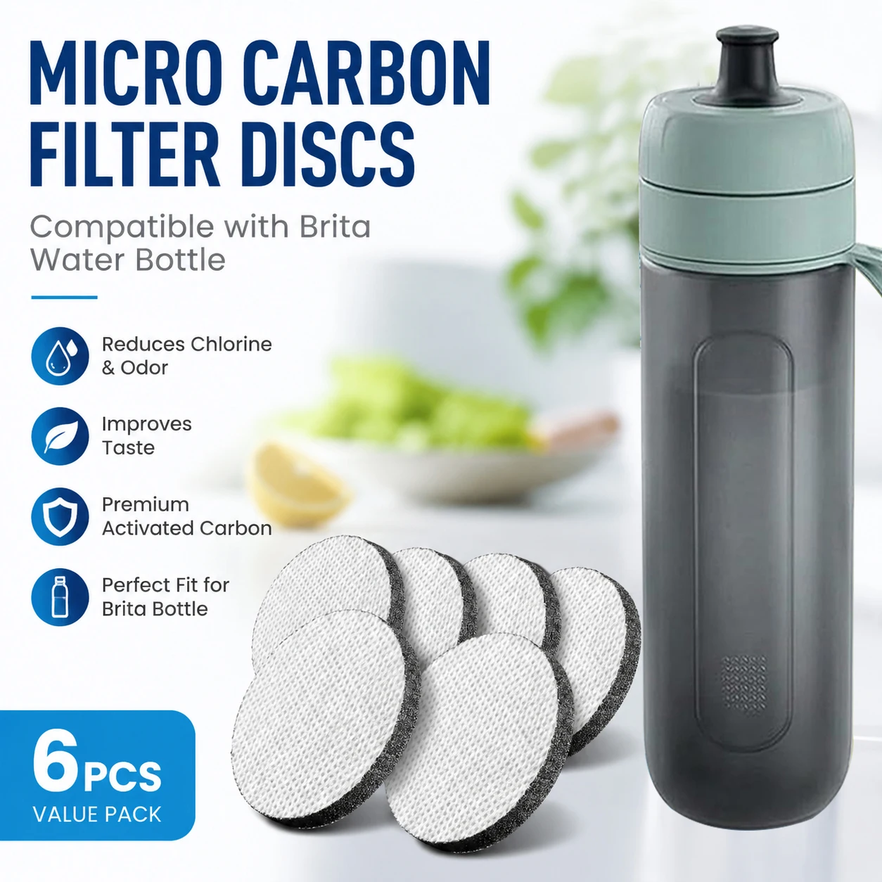 6pack MicroDisc for Brita Water Bottle, Filter Replacement Activated Carbon Disc for Brita Fill & Go, Premium Filter Discs for P