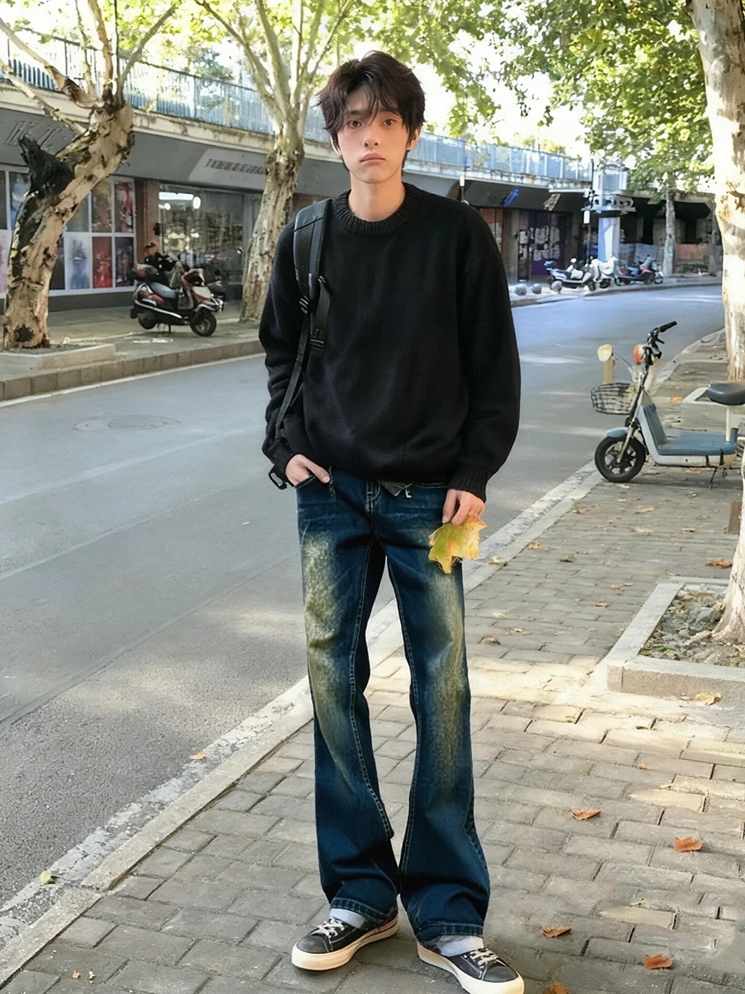 

Deep Blue Fleece Lined Flared Jeans Men's Autumn Winter Slimming Pants mid Waist Straight Leg Trousers Wear Resistant