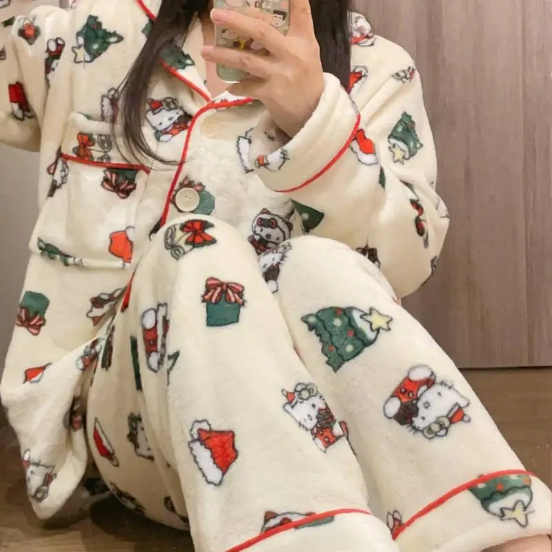 Sanrio Female Flannel Thickening Long Sleeves Leisure Wear Winter Kawaii Hello Kitty Comic Student Keep Warm Pajamas Christmas