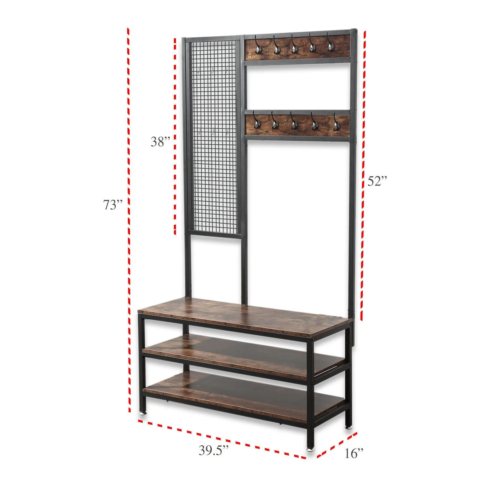 Hall Tree Grid Wall Coat Rack Shoe Bench Wood - Entryway Storage Shelf Organizer Stany Zjednoczone